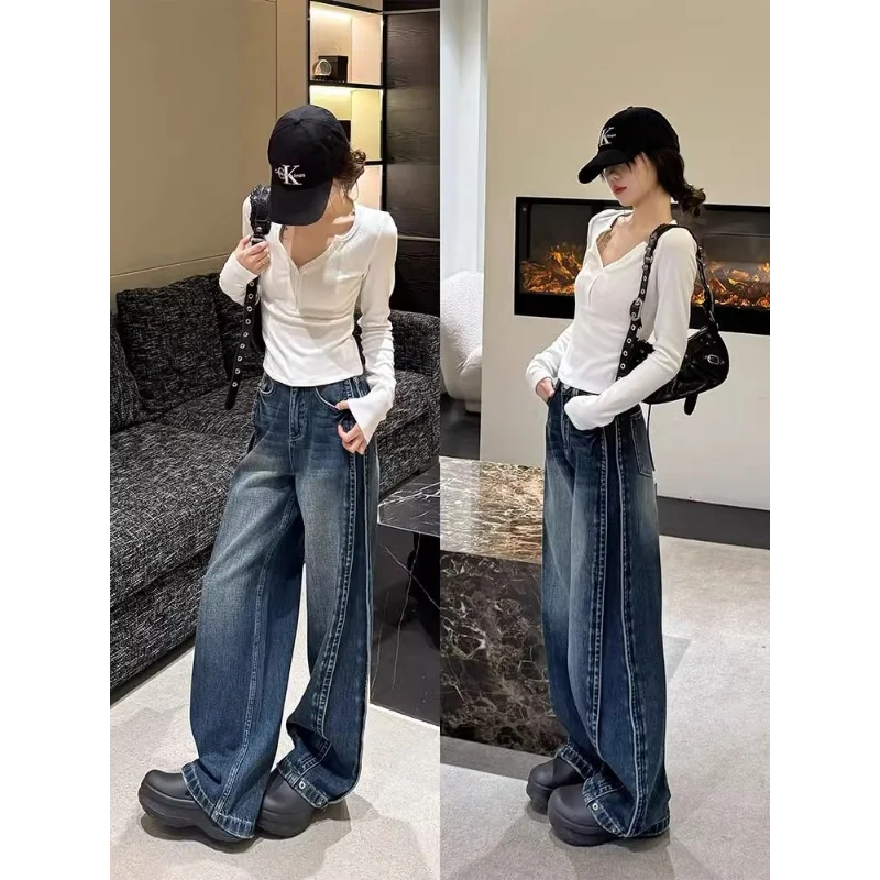 アメリカンレトロワイドレッグジーンズ女性ルーズストレートレッグストレッチフロアレングスパンツ