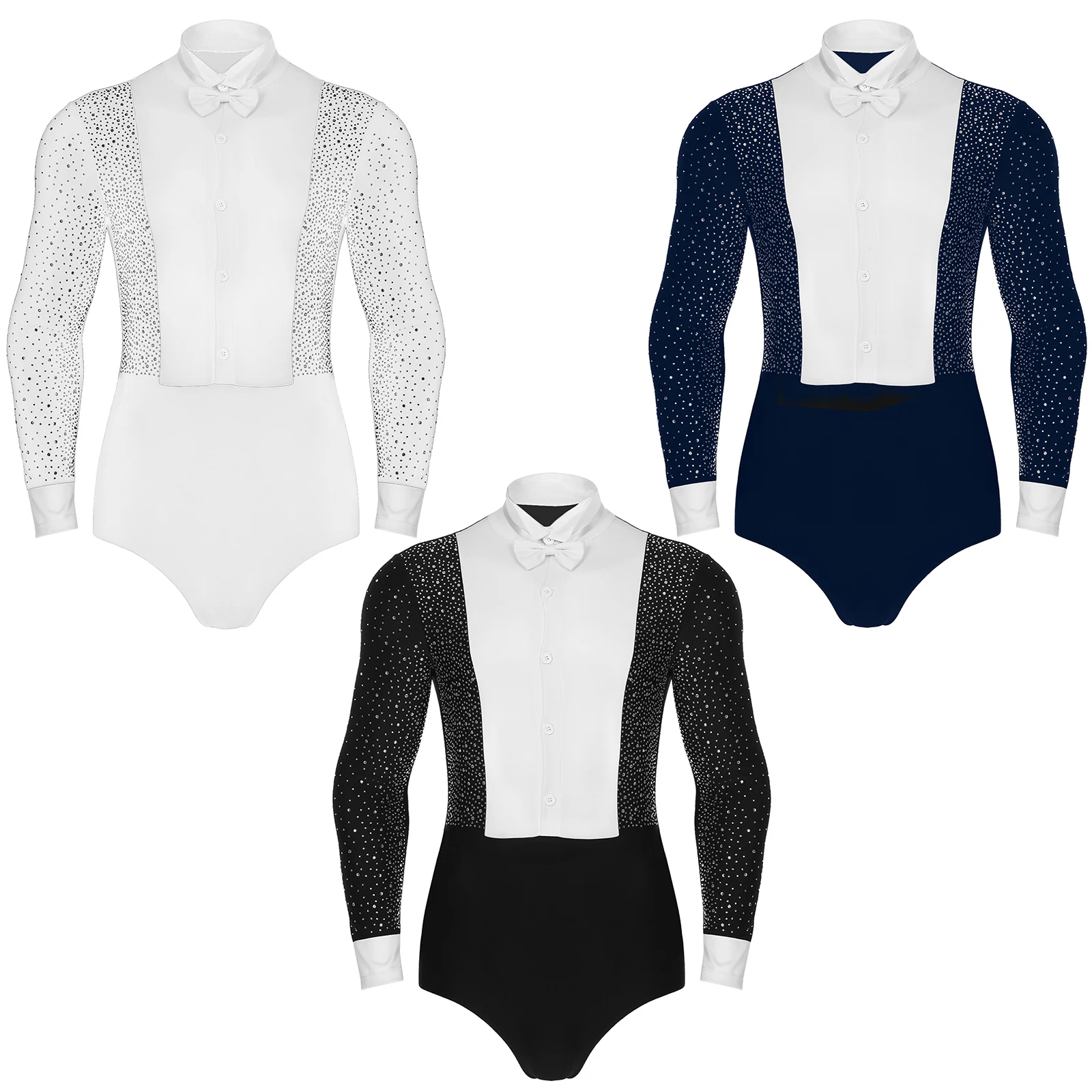 Men's Shiny Latin Ballet Dance Shirt Leotard Ballroom Costume Long Sleeves Samba Salsa Performance Rumba Bodysuit with Bowtie