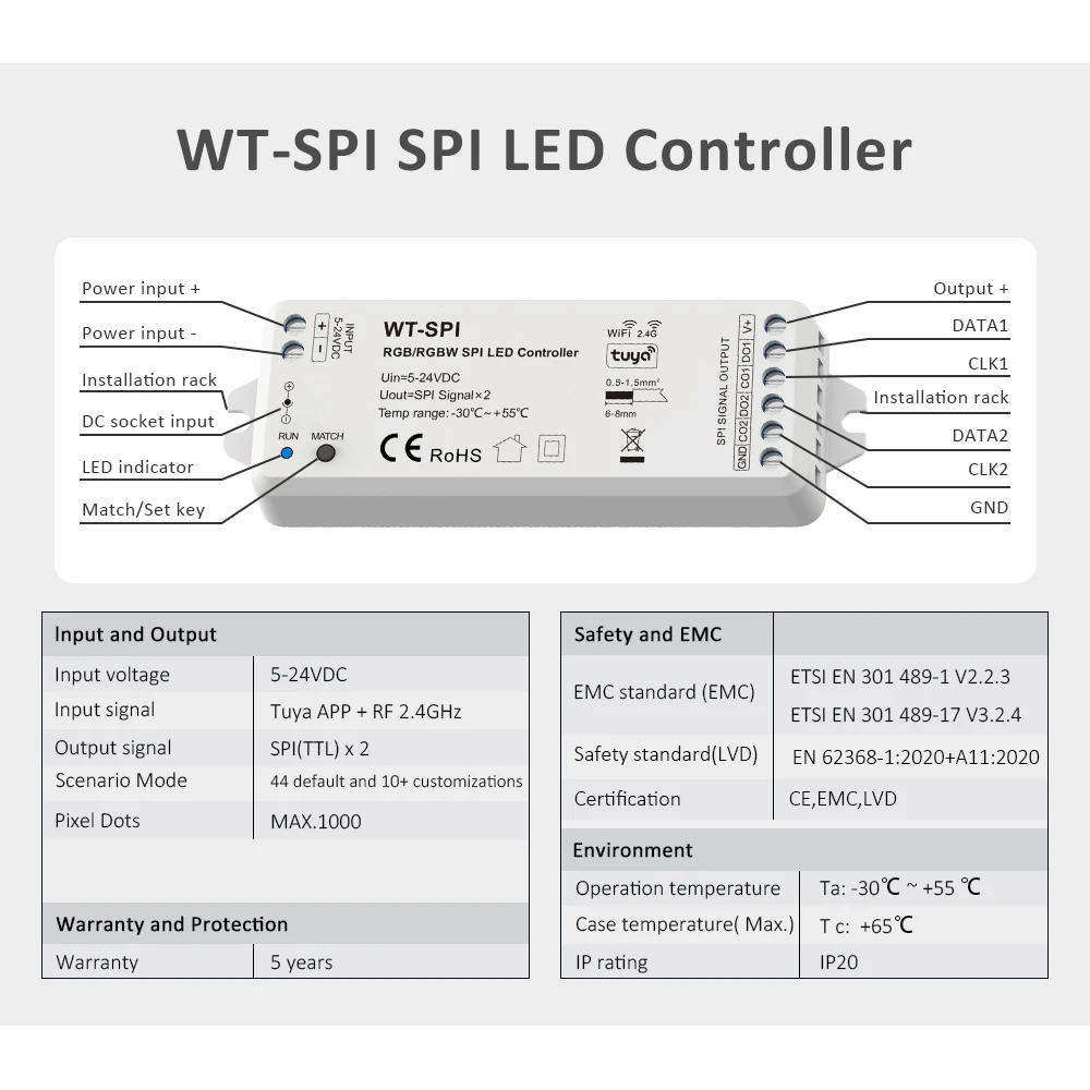 5-24V DC RGB RGBW Tuya LED Controller Wifi 2.4G RF WT-SPI Controler for WS2811 WS2812 WS2815 UCS1903 GS8208 Pixel Strip Lights