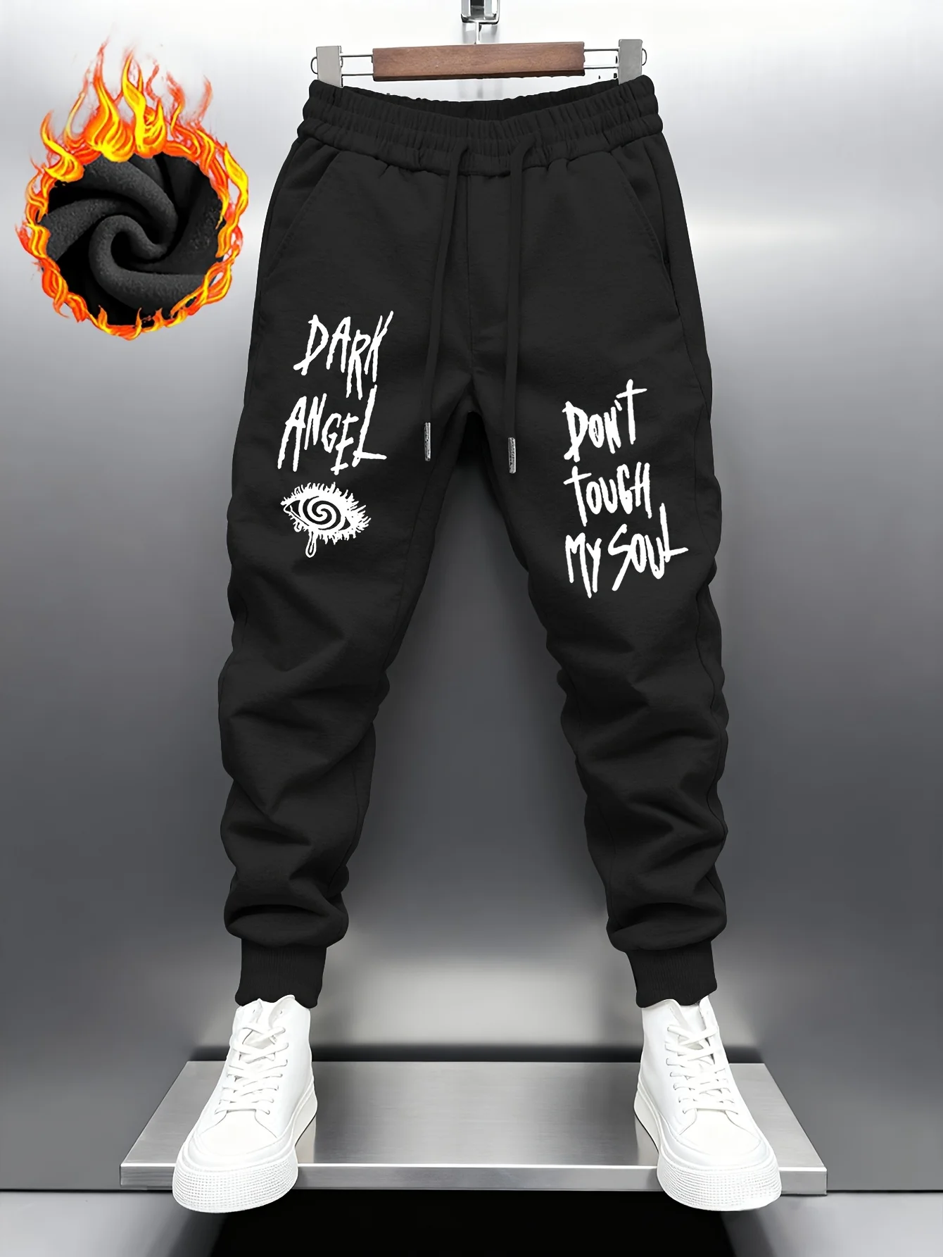 Grunge hip‑hop dark‑angel‑spiral‑eye‑raw‑text element dual‑side graphic print sweatpants men hip hop sports jogger trousers