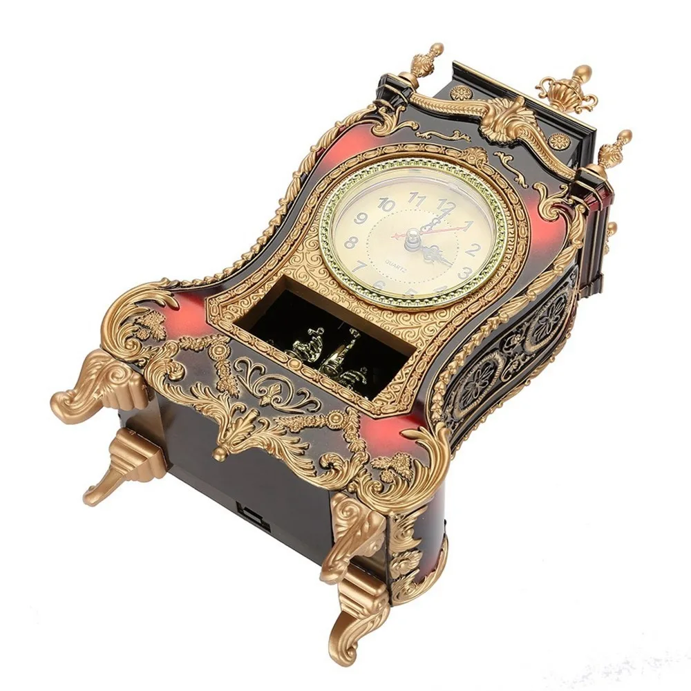 White Brown Vintage Desk Clock 12 Songs European Style Retro Alarm Clock Music Time Reporting Silent Scanning for Seconds