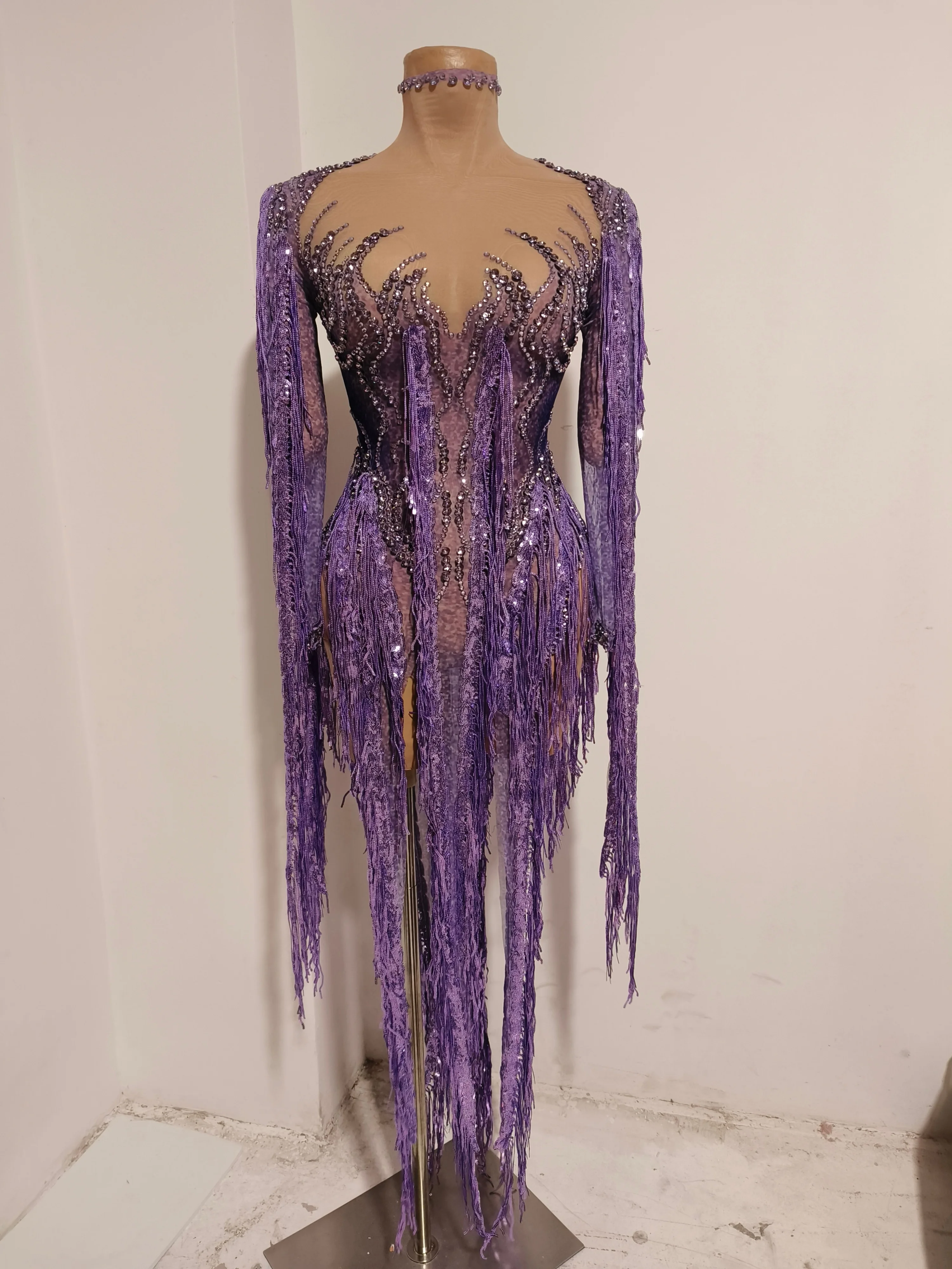 Women Sparkly Diamond Purple Tassel Long Sleeves Mesh See Through Dress Latin Dance Outfits Bar Nightclub Party Club Stage Wear