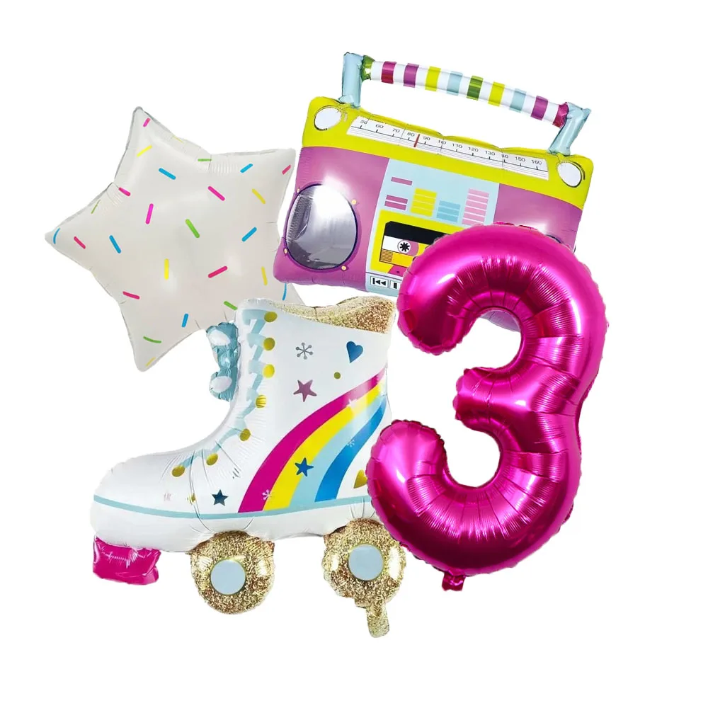 4pcs Radio Roller Skates Foil Number Balloon Boombox Rollerblade Retro Music Rock Ballons Birthday Party Decoration Kid Toy