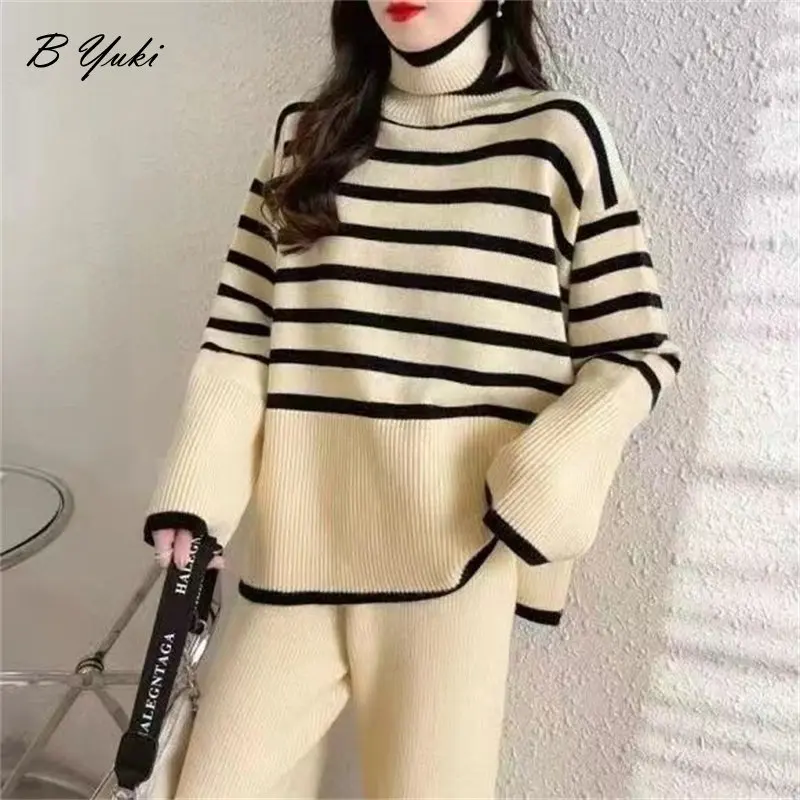 

Blessyuki Elegant Soft Knitted Suit Women Winter Casual Turtleneck Sweater & Wide Leg Pant 2 Pieces Female Thick Loose Tracksuit