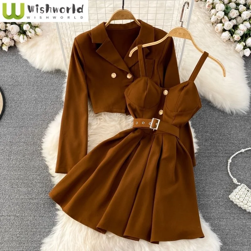 

Korean Style Long Sleeved Repair Top Jacket Blazer Sexy Suspender Mini Dress Two-piece Set Elegant Women's Skirt Set