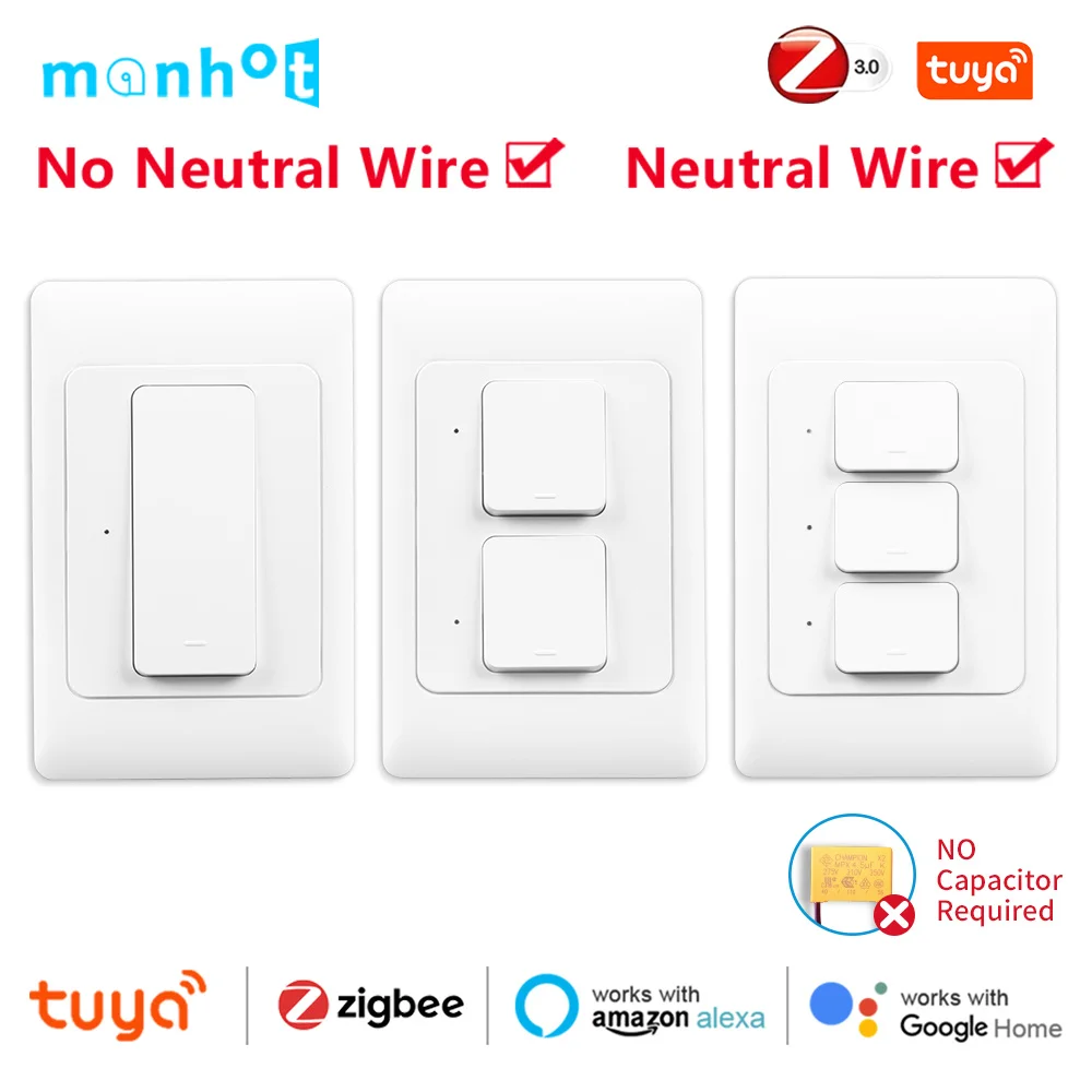 Tuya Zigbee Switch Smart Wall Light Switches Neutral Wire Required 110-220v 1 2 3Gang Voice Control Work with Alexa Google Home