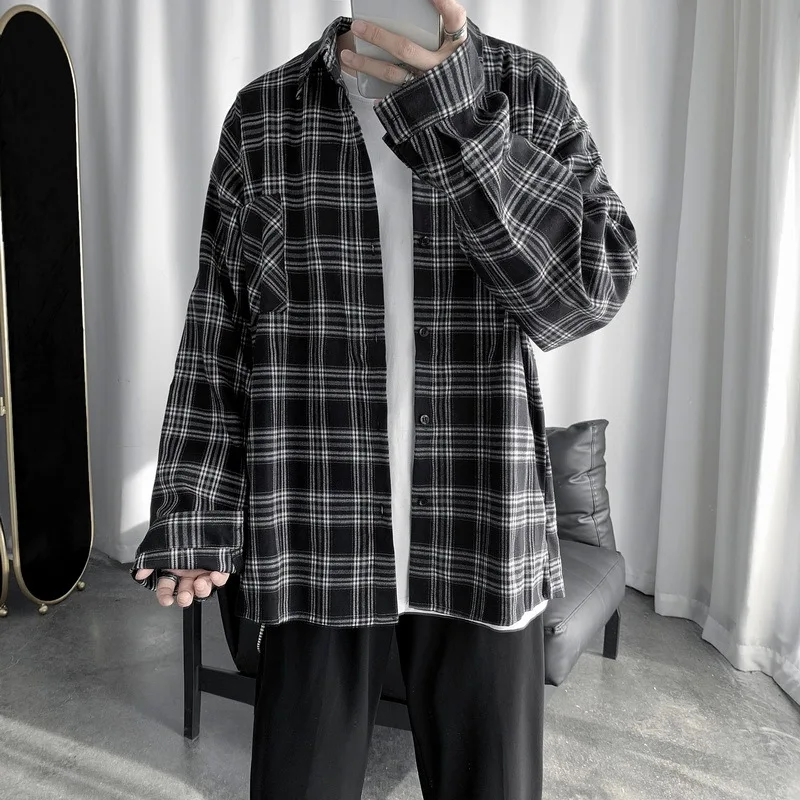 Plaid Shirt Men\'s Long-sleeved Korean Version of The Trend All The Loose Top Spring and Summer New Japanese Casual Coat M-2XL