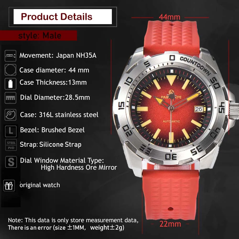 PARNSRPE Japan Automatic Mechanical NH35 Movement Watch Sapphire Glass Red Silicone Strap Fashionable Men\'s Watch