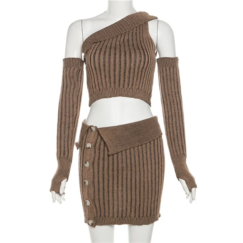 Knitted 2 Piece Sets Womens Outfits 2023 Autumn Fashion Diagonal Collar Sleeve Gloves Crop Top High Waist Wrap Hip Mini Skirt