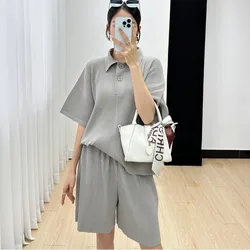 Pleats Fashion Suit Women 2023 Fall New Casual Simple Fashion Loose Comfortable Top T-shirt Sports Shorts Solid Color Plus Size