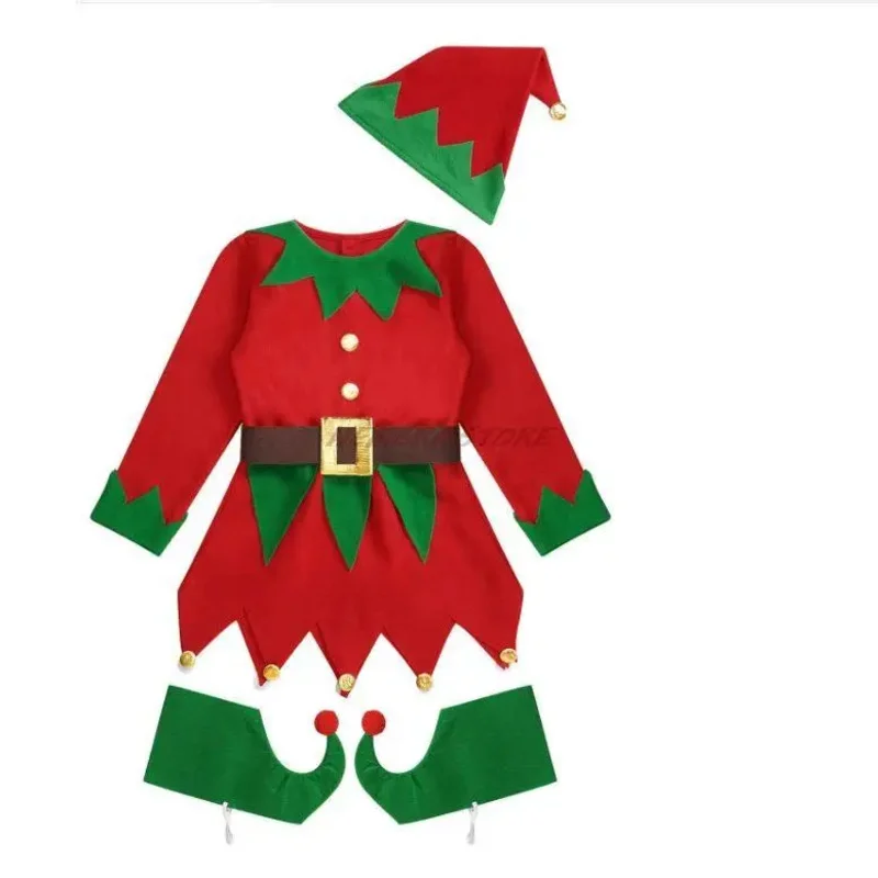 Christmas Elf Women Girl Costumes Long Sleeve Dress And Belt Hat Shoes Striped Stockings Party Role-playing Cosplay Dropshipping