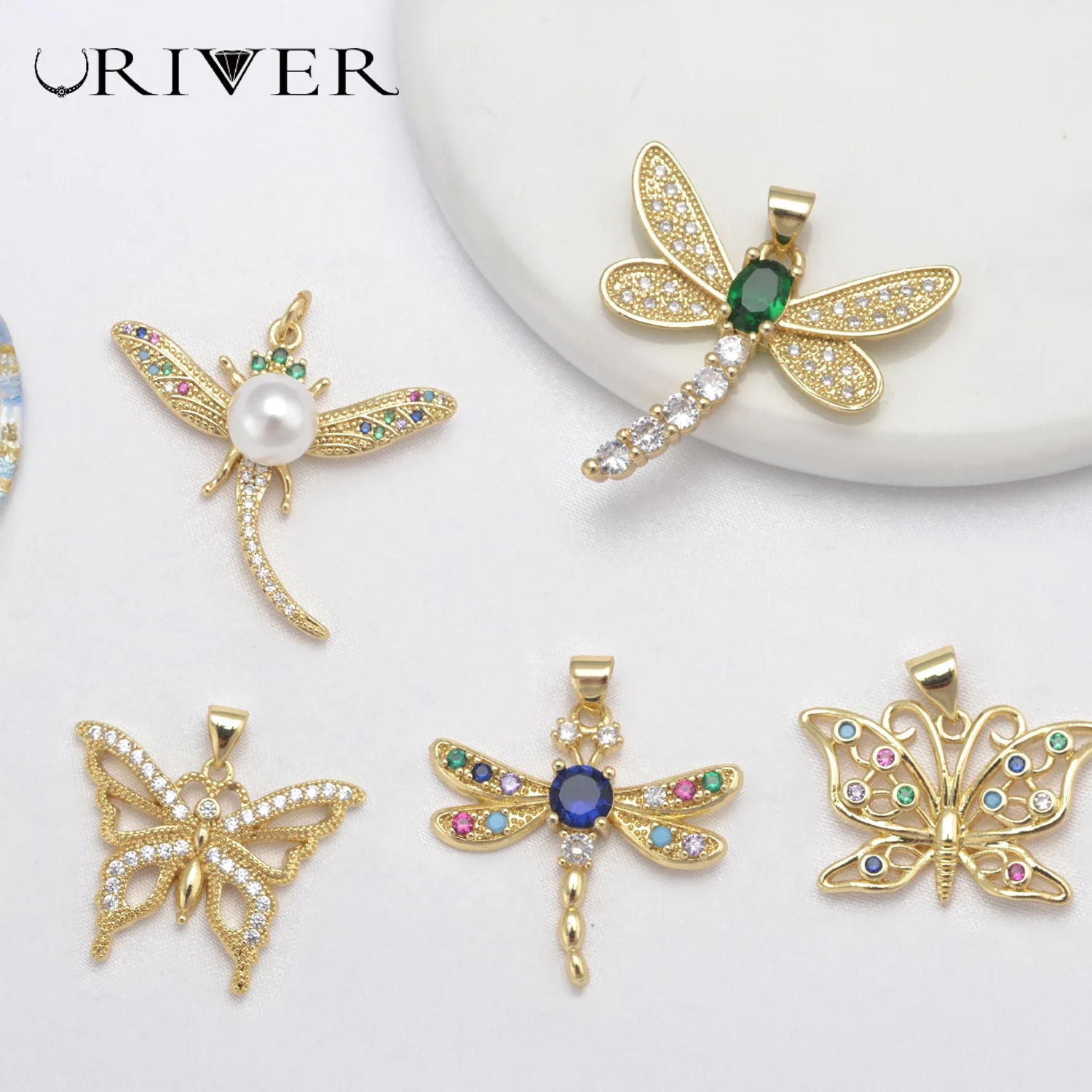 5 Pcs insect Pendat for DIY Jewelry Making Accessories Zircon Brass Charms Dragonfly Butterfly for Neckalce Keychains Bracelet