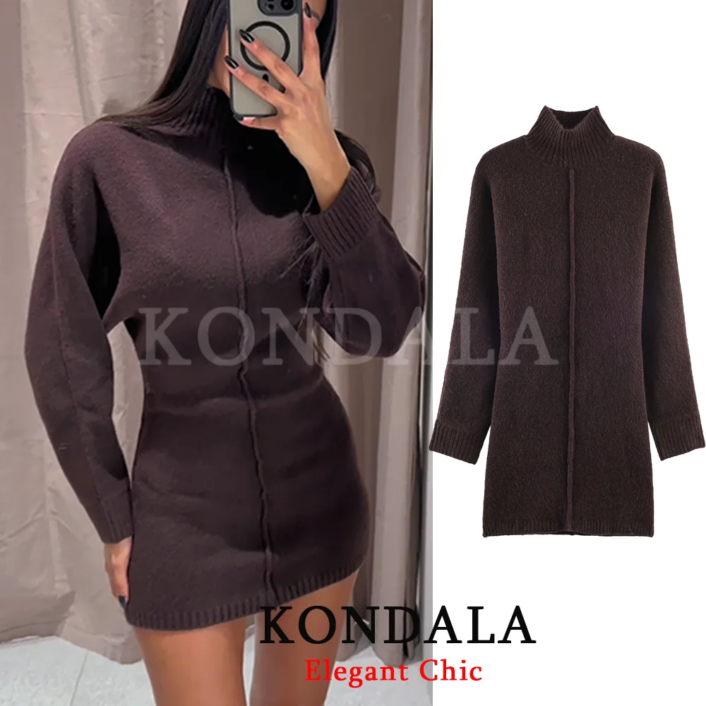 KONDALA Damen-Elegantes gestricktes Minikleid, halbes Rollkragenkleid, 2026, Frühling, Herbst, High Street, Party, Pendeln, vielseitiges kurzes Kleid