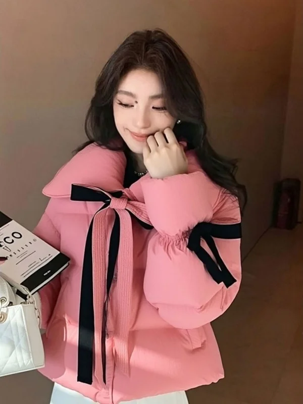 

Pink Bow Knot Thiened ort Cotton Jaet Winter Faion Anti Aging High End Unique Sle Korean Version Loose Fit Coat