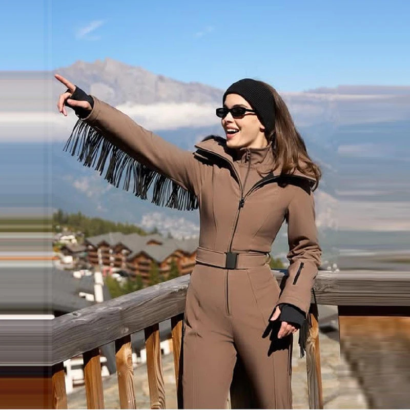 Thicken One-piece Ski Suit Women Faux Fur Hooded Tassels Coat High Waist Belt Jumpsuits 2025 Winter Windproof Waterproof Skiwear