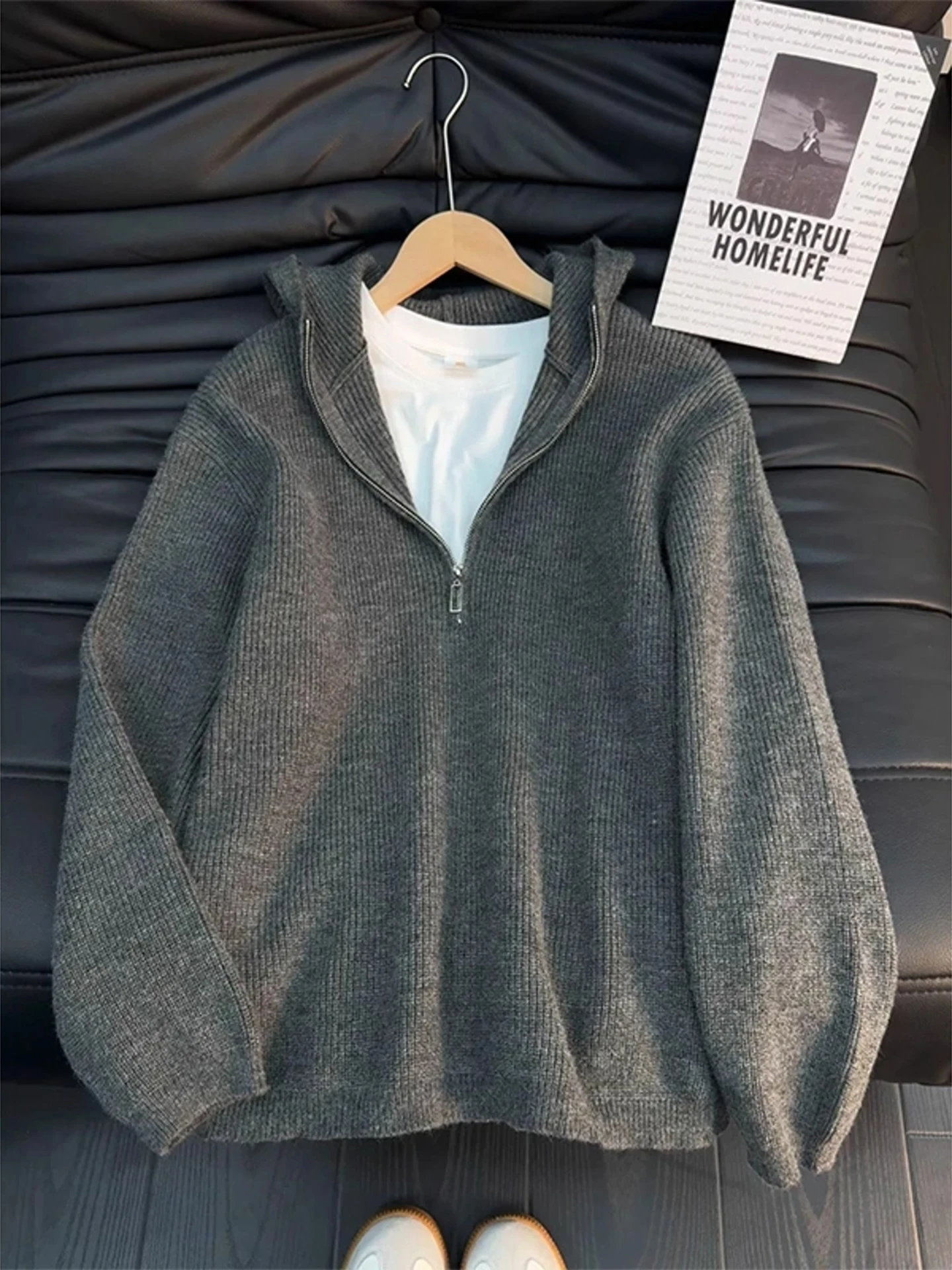 

ay Hooded f Zip Knitwear Loose Fit Autumn Winter Lazy Sle Men's Sweater Cleanfit Oversized Jaet Korean Sle Long Sl...