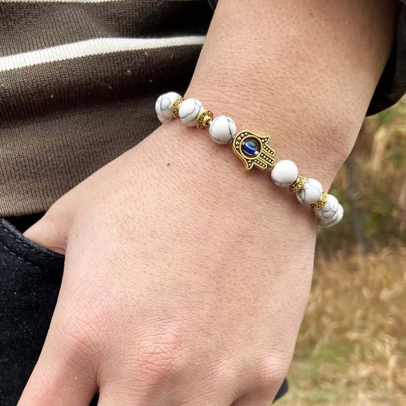 Man-Made Stone Hand of Fatima Hamsa Sparkle Stone Beaded Bracelet Unisex Women Men Vintage Fashion Jewelry Gift