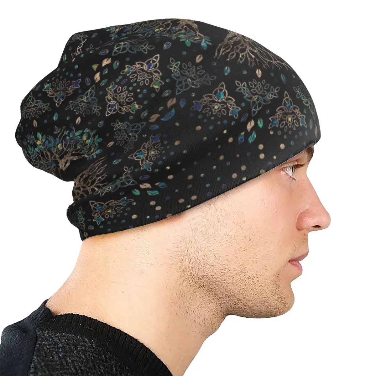 شجرة الحياة-Yggdrasil الذهبي والرخام زخرفة Skullies Beanies القبعات قبعة الخريف الدافئة محبوك بونيه قبعات للجنسين الكبار