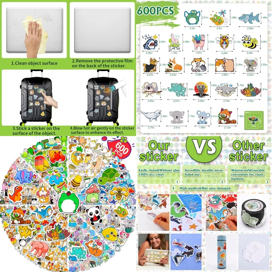 

600Pcs Colorful Animal Vinyl Stickers for Water Bottles Computers Skateboards Phones Notebooks Waterproof Cute Pet Stickers Ide