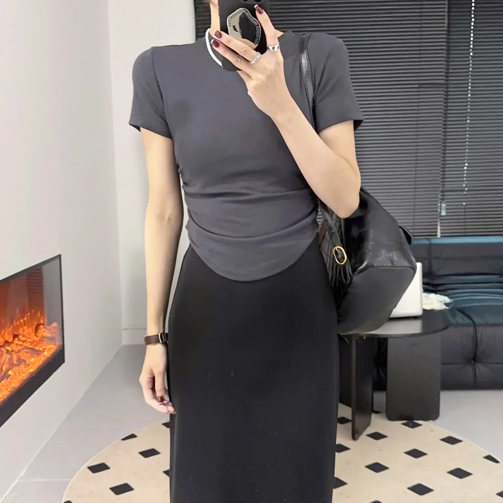 Trendy Solid Color Summer Short Sleeves Round Neck Spice Girl Slim Fit T-shirt Irregular T-shirt for Women Girl
