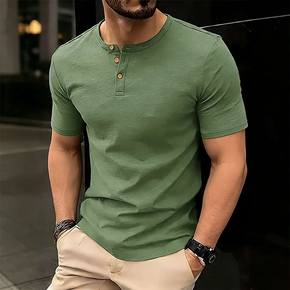 Sommer Herren Baumwoll-T-Shirt Einfarbig Atmungsaktiv Weicher Stoff Oberteile Kurzarm Henley-Ausschnitt Männliches Casual Basic Bequemes T-Shirt – Detail 5