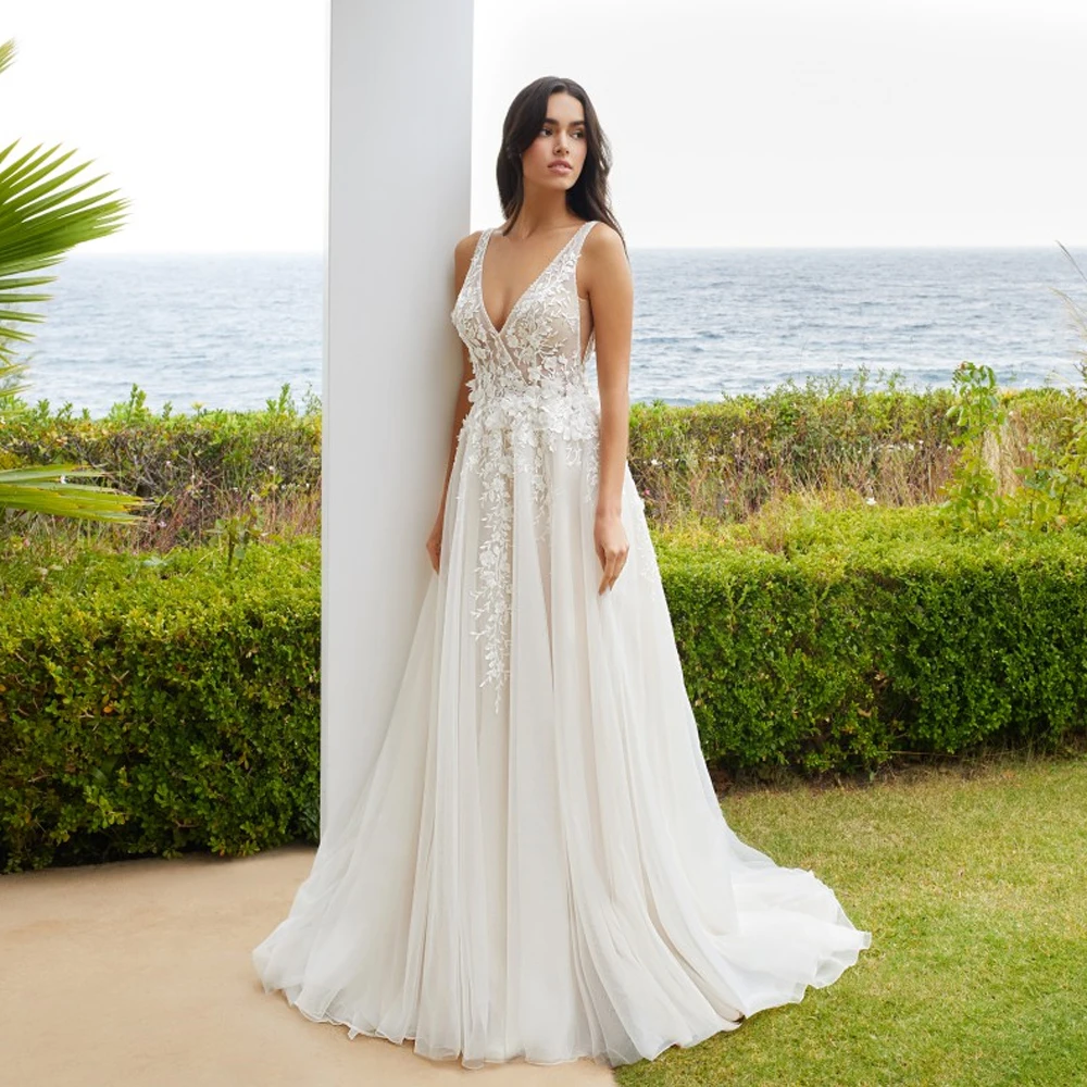 Свадебные платья с V-образным вырезом по индивидуальному заказу, широкие бретели, аппликация, кружево, свадебные платья длиной до пола, молния с открытой спиной и цветочным принтом, Vestido de novia
