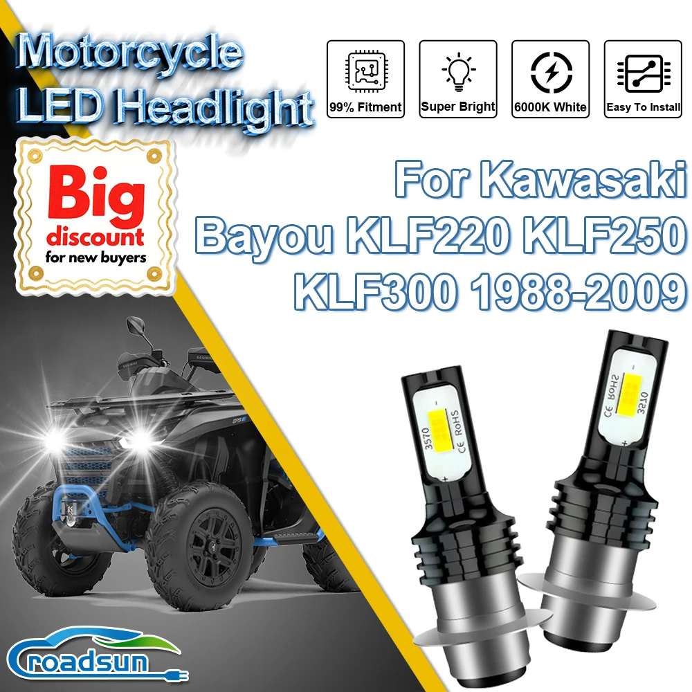 ROADSUN 1/2X Motorcycle LED Headlight Bulbs Hi/Lo Moto Headlamp Ampoules For Kawasaki Bayou KLF220 KLF250 KLF300 1988-2008 2009