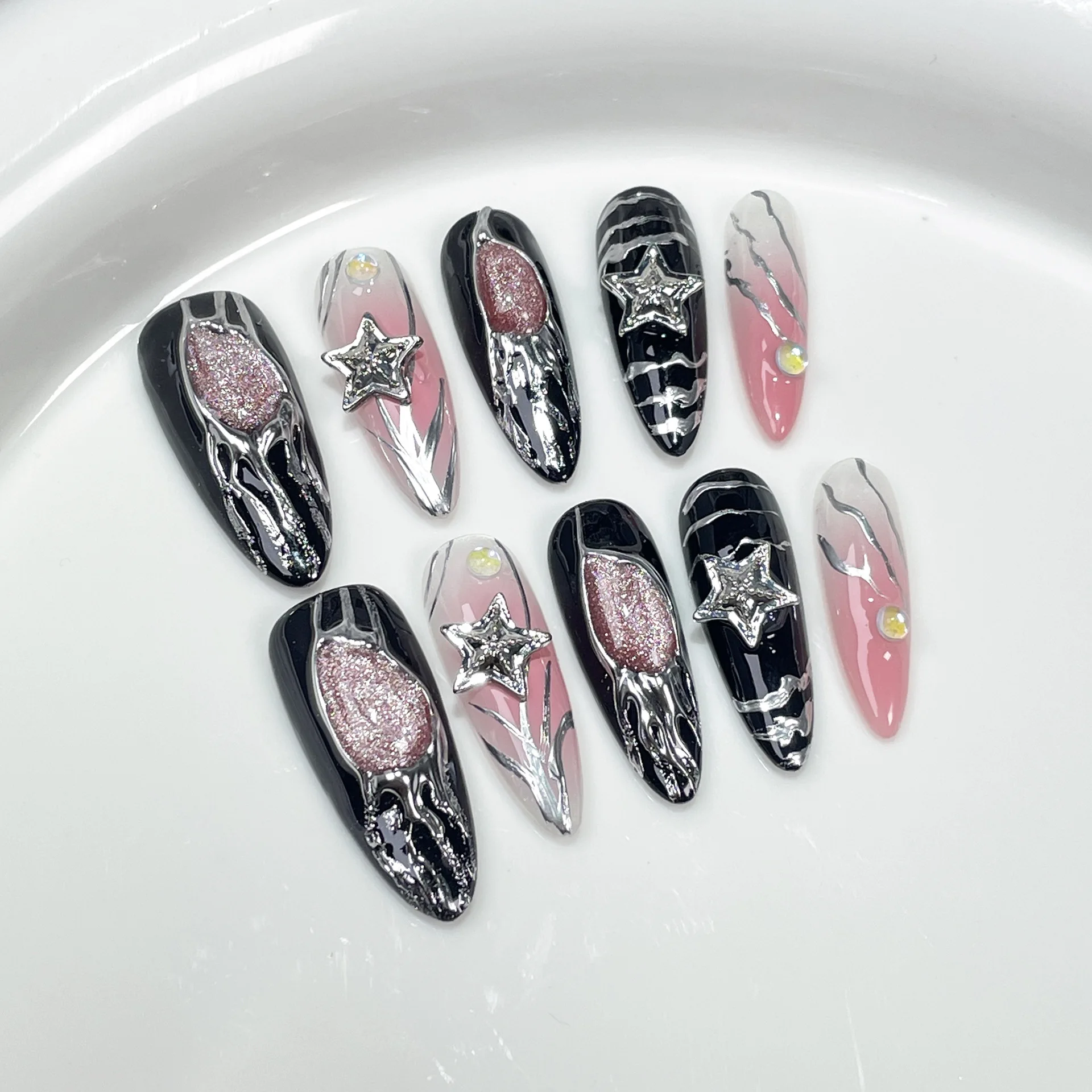 

10PCS Sweet Cool Almond Press on Nails Pink Blush Crystal Cat Eye Handmade 3D Star Fake Nail Metallic Silver Patterns False Nail