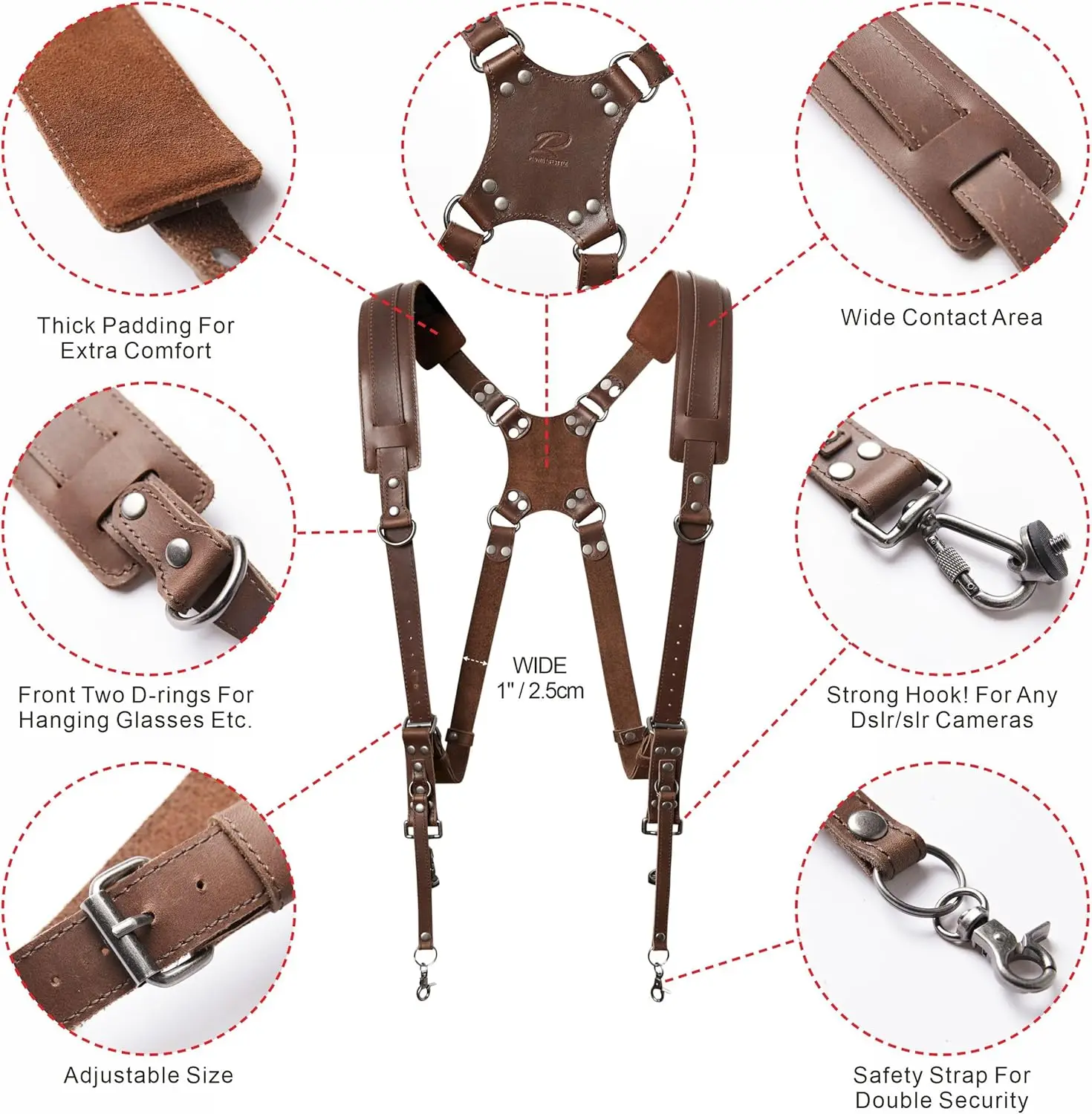 Correia de arnês de câmera dupla marrom escuro para duas câmeras, arnês de couro de grão duplo de ombro duplo para DSL