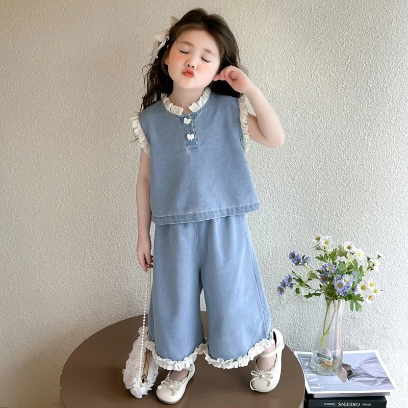 

2025 New Children's Cowboy Set Lace Thin Top Pants Two Piece Set Fashion Korean