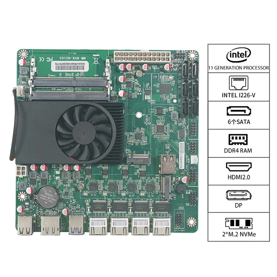N5105 Industrial Motherboard Nas Motherboards 4 Cores 4 Threads Low Power Processor 4x2.5g I225 Network 2 M.2 Slot 6xsata Dp HD