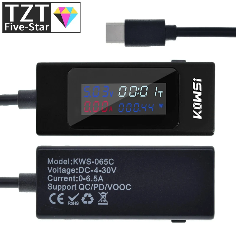 TZT 4-30V 6.5A Voltage Type-C USB-C Tester Current Meter Timing Ammeter Digital Monitor USB Charger Tester Power Meter KWS-065C