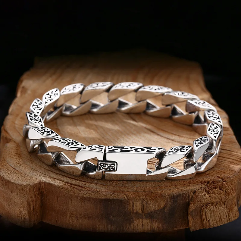 S925 Vintage Fashion Men'S Grass Pattern Bracelet, Thick Smooth Wide Version Thai Silver Jewelry
