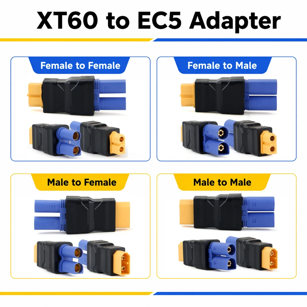 

1/4PCS XT60 to EC5 Adapter Connectors,Male Female Conversion Connector Plug for RC FPV Lipo Battery Power Parts