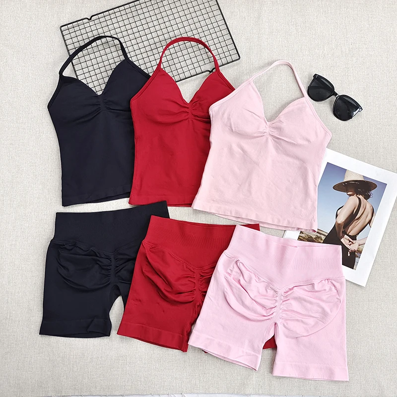 2 Piece Butt Lift Champion Gym Set - Halter Longline Yoga Tank + Peach Booty High Waist Workout Shorts