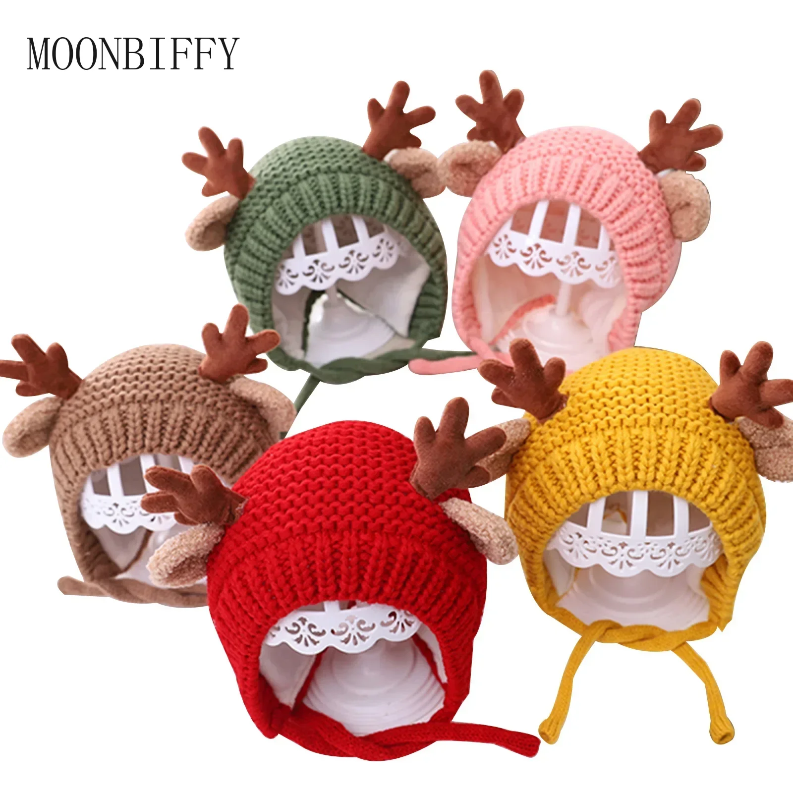 New Kids Fall Winter Warm Knitted Woolen Hat Christmas Unisex Antler Cap Earmuffs Hat Pink/Red/Coffee/Green/Yellow