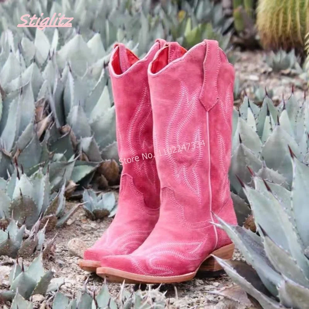 Pink Embroidered Cowboy Boots 2024 Solid Luxury Brand Round Toe footwear Flack Suede Women's Low Chunky Heel Shoes