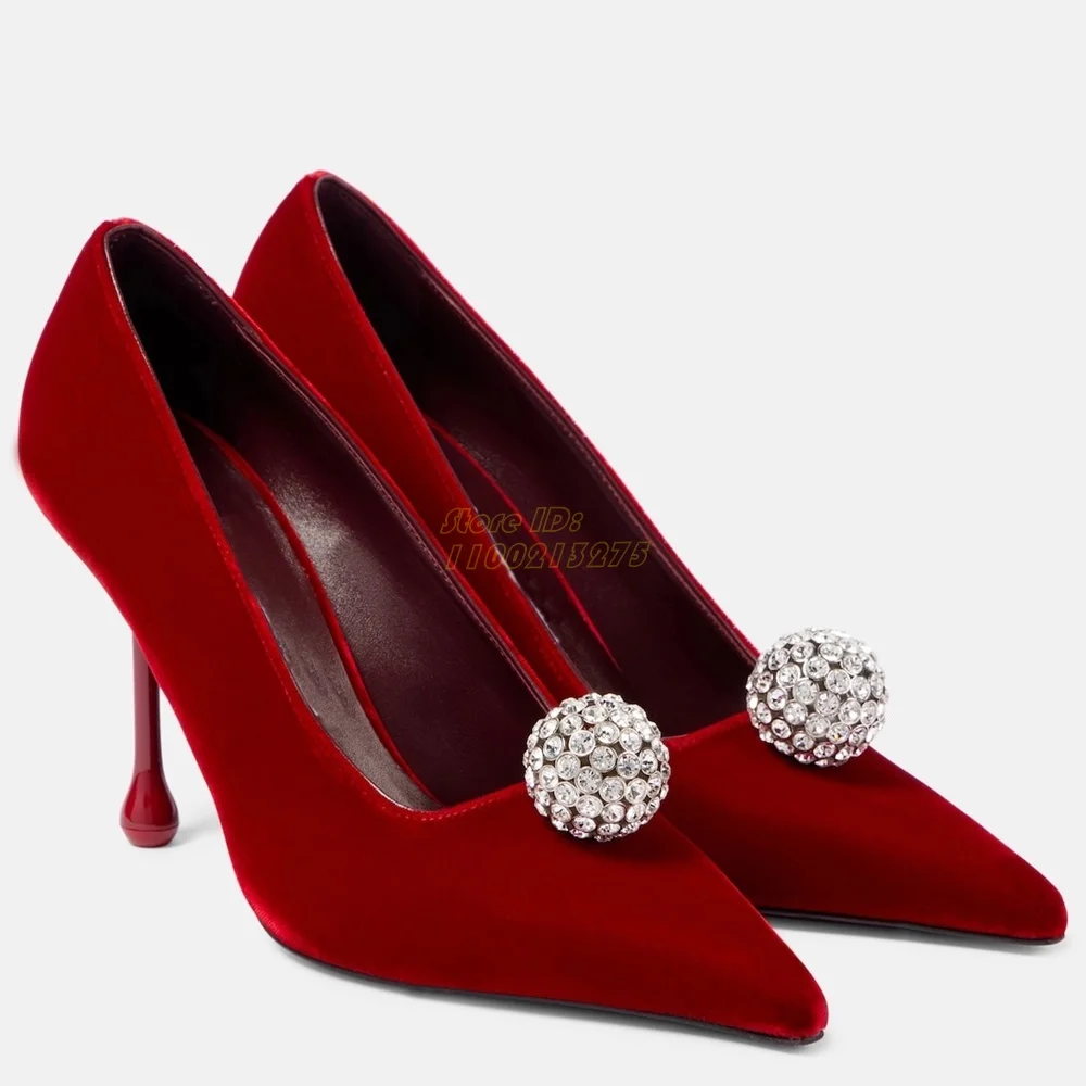 

Crystal Ball Red Velvet High Heel Pumps Stiletto Thin High Heel Slip On Fashion 2024 Winter Women Runway Dress Shoes Black
