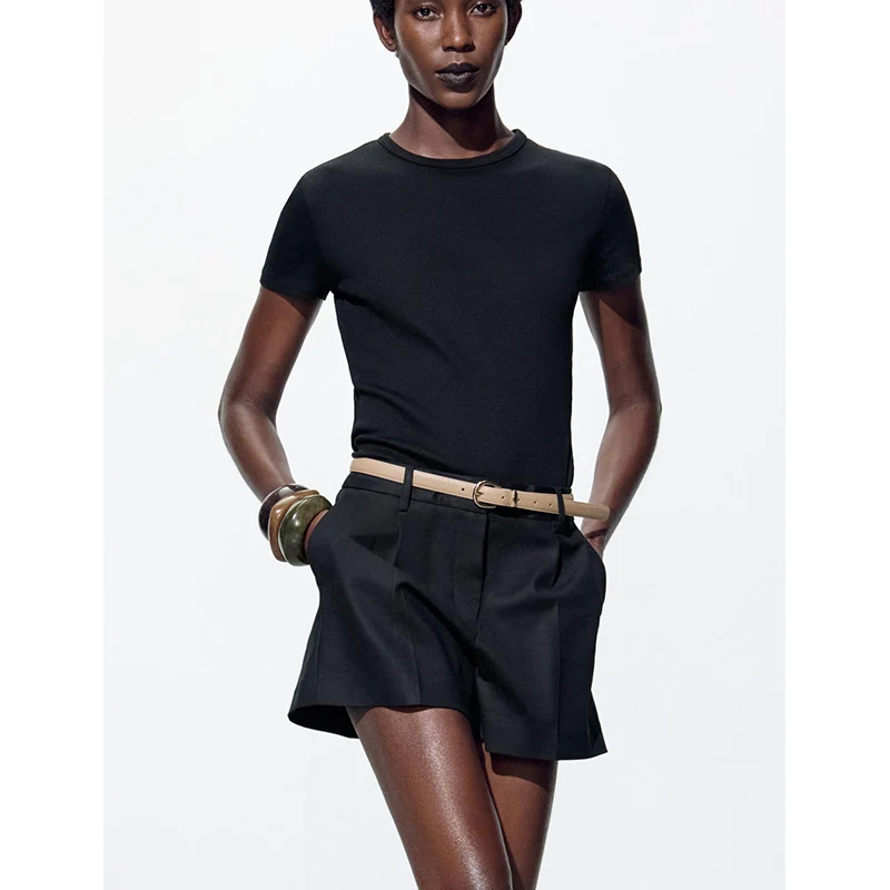 Nowe letnie damskie spodnie codzienne z paskiem, plisowane, do pracy, prosty krój, wygodne, z włókna poliestrowego.