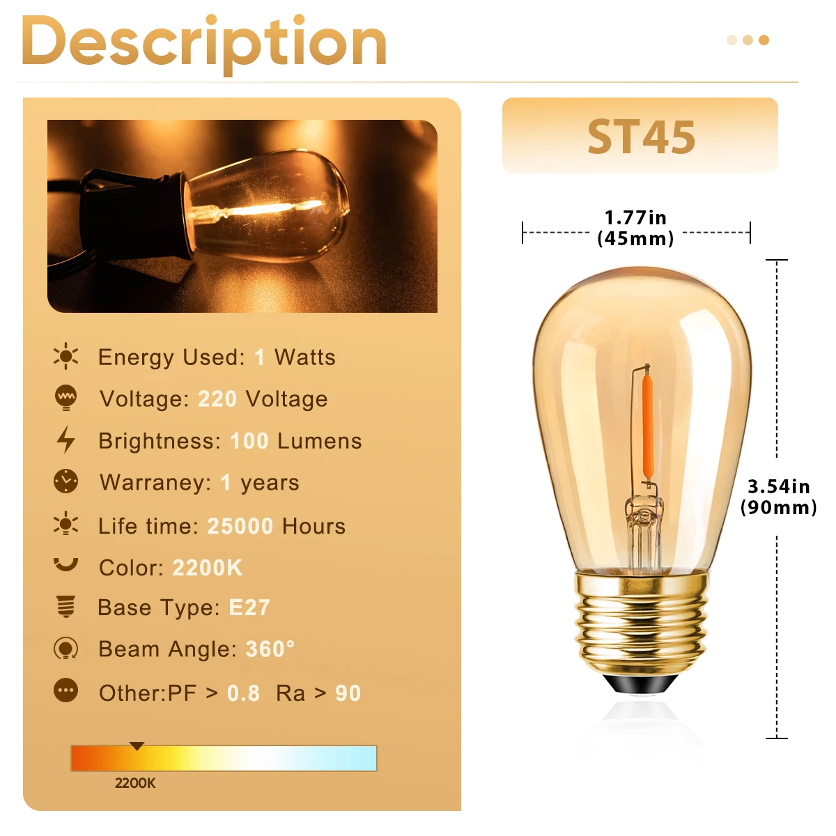 Bombilla Led ámbar S14 E27 de repuesto, lámpara de filamento de 1W, 220 K, color blanco cálido, Estilo Vintage, para interior y exterior, 2200 V