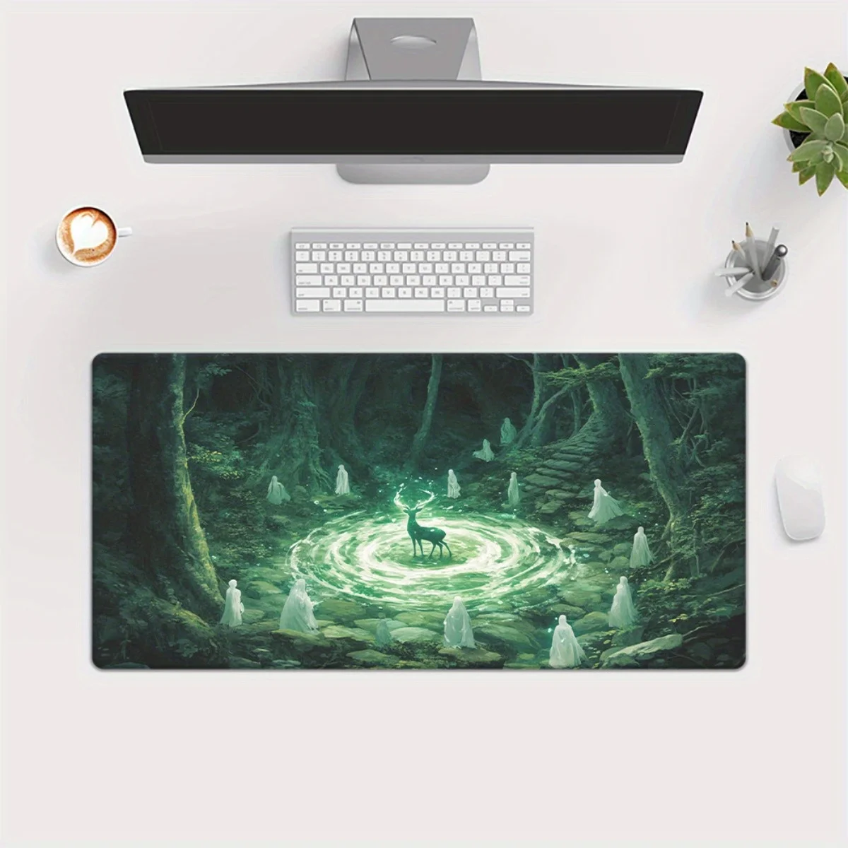 Mystic Deer Ritual Green Forest Portal XXL Mousepad Durable Rubber Gaming Keyboard Desk Mat for Office PC Gamer