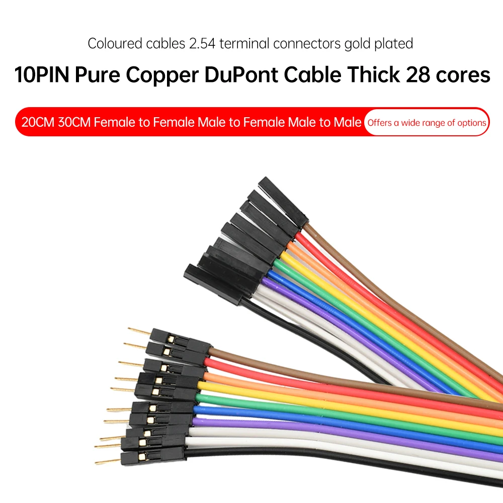 Cable DuPont de cobre puro de 10 pines macho a macho, hembra a macho, hembra a hembra, cable de conexión de terminal 2,54, cable chapado en oro de 28 núcleos