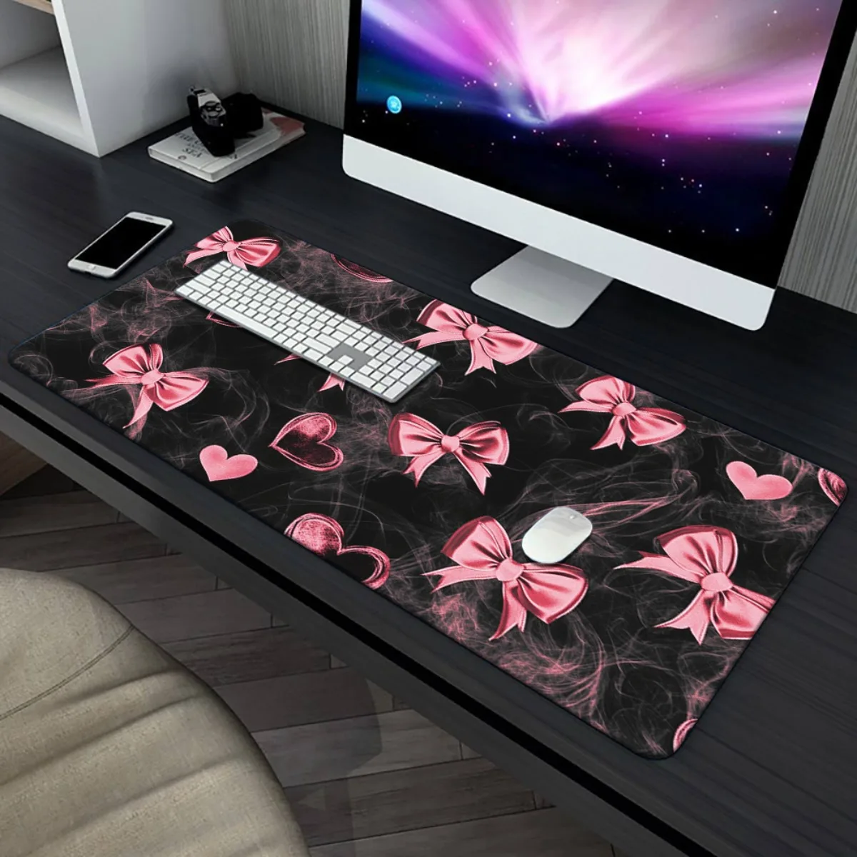 

Розовый коврик для стола с бантиками и сердечками XXL, удлиненный игровой коврик для мыши с нескользящей резиновой основой, офисный коврик