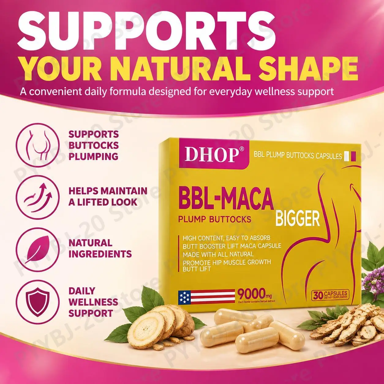 DHOP BBL-MACA Plump Buttocks Capsules Easy To Absorb with Maca Extract, Pueraria Mirifica and Vitamin E, 9000mg, 30 Capsules