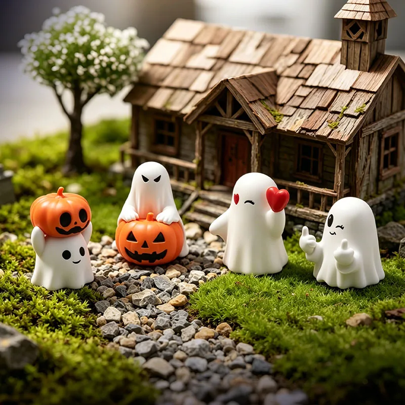 Mini Adorable Halloween Ghost Figurines Spooky Sweet Ghosts with Pumpkin Heart Ornaments for Desktop Car Dashboard Holiday Gift