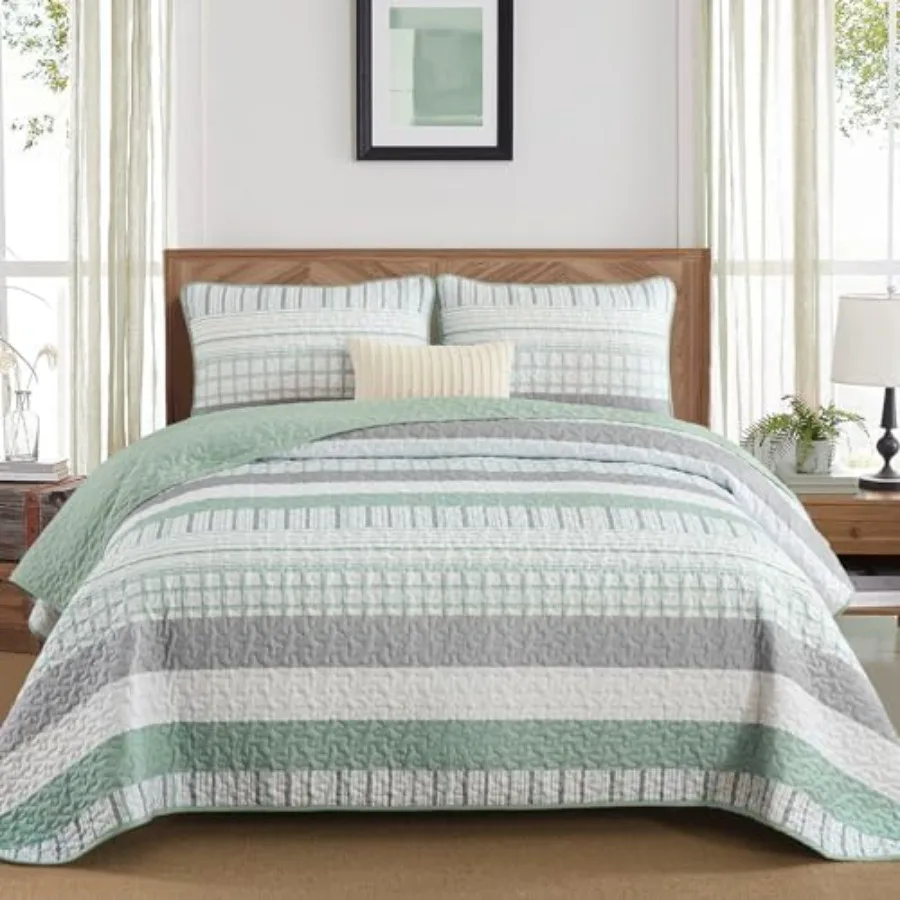 

Striped Quilt Set Size Sage Boho Bedspread Set 3 Pieces Patchwork Coverlet Bedding Set Lightweight Soft Microfiber for All Seas