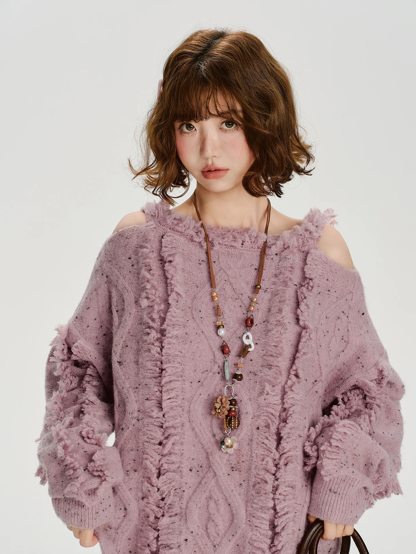 

Girly American Retro Off-oulder Tassel Design Sweater Women's Autumn Winter Loose Knitted Top round Ne Long Sve