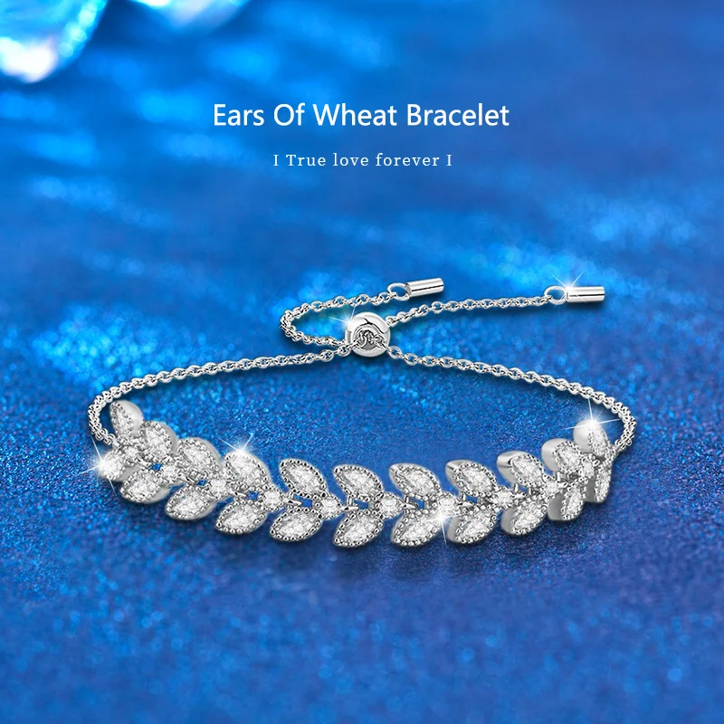 

JIAOZHAN S925 Silver Full Diamond Wheat Bracelet High Touch Light Luxury Moissanite Adjustable Hand Jewelry