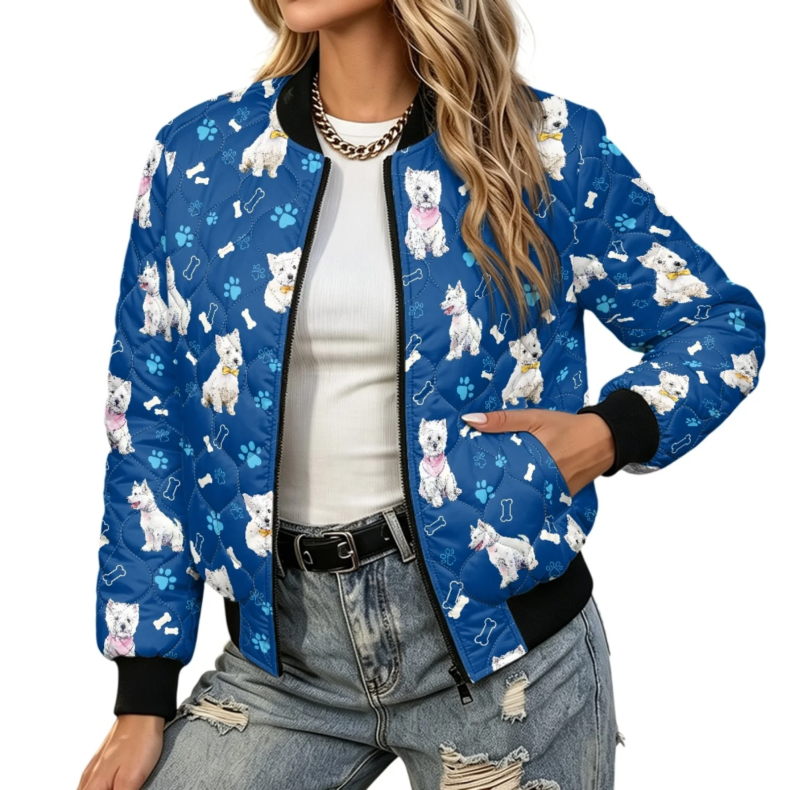 PENSTROLL Westie Dog Print Womens Light Warm Quilted Long Sleeve Outer Jacket Fashion Quilted Jacket for Fall