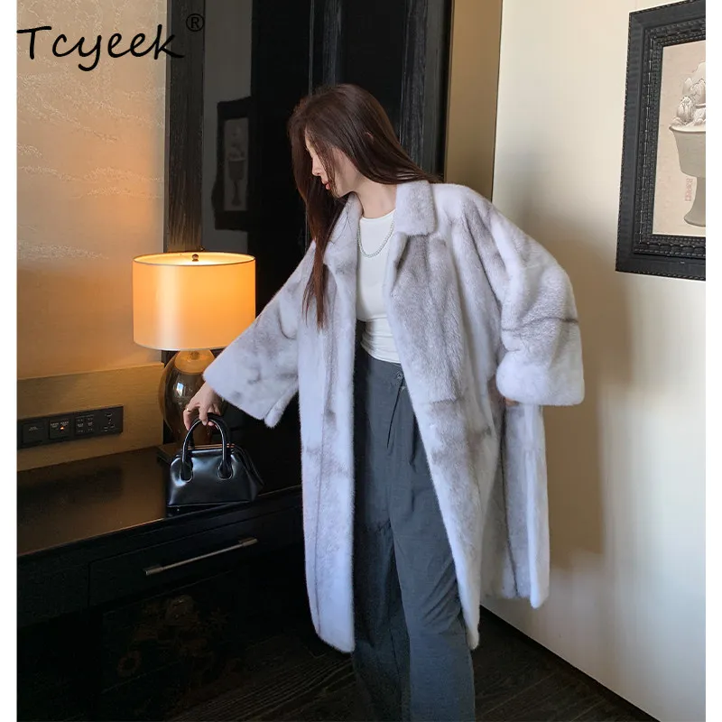 

Tcyeek Sliver Cross Mink Fur Coat Women Natural Whole Mink Mid-length Jackets Woman Fashion Winter Clothes New Fourrure Femme